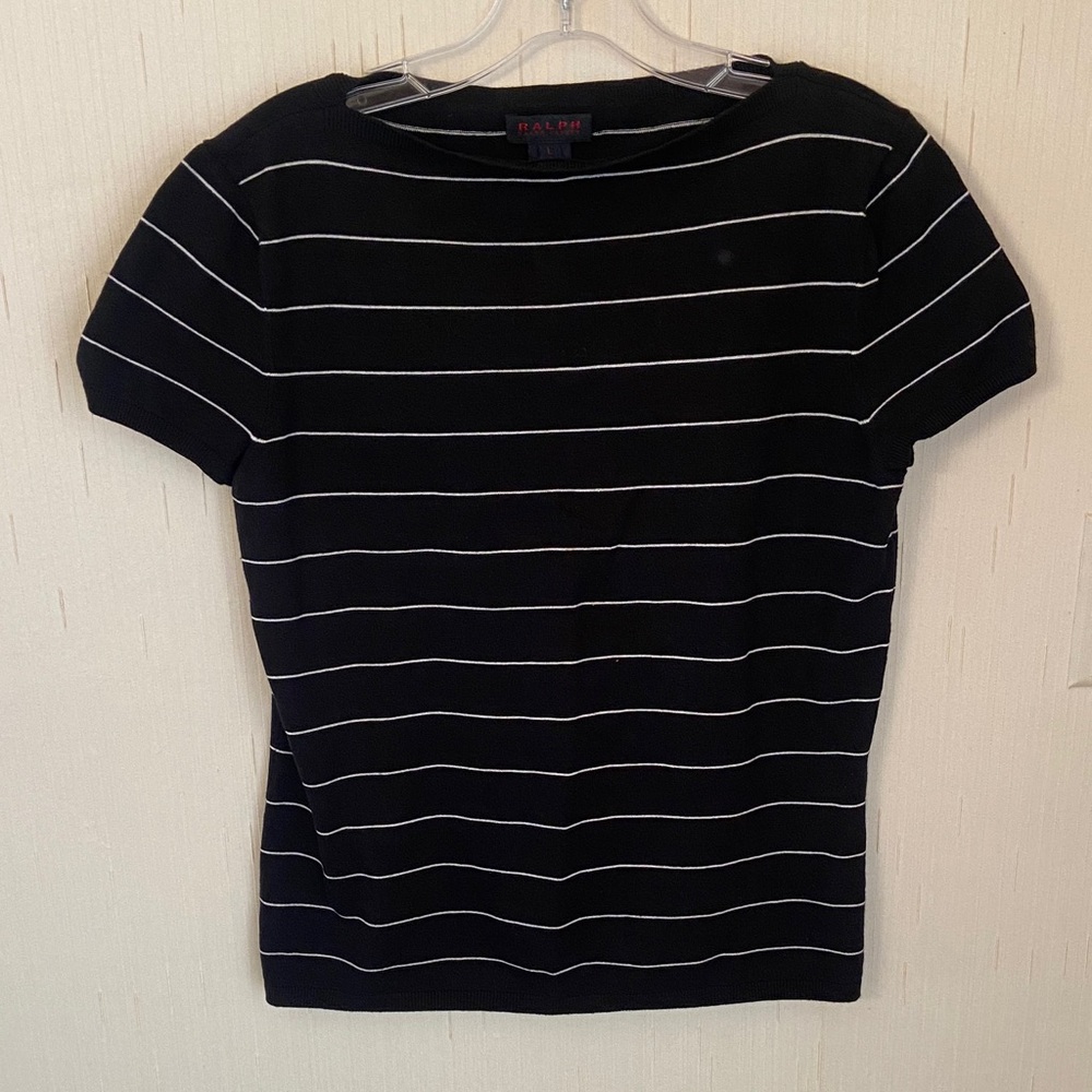 Ralph Lauren Women's Black and White Striped  Silk Tee